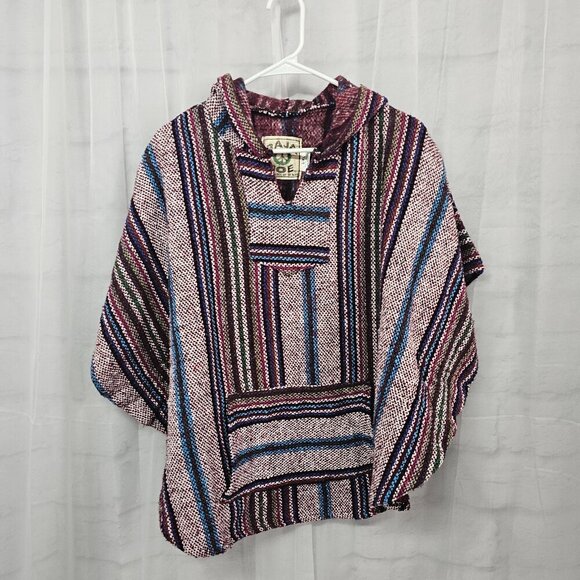 Baja Joe Red Blue Striped Baja Hooded Jacket Beach Hippie L/XL - Picture 7 of 11